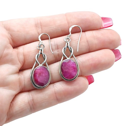 Vintage 925 Sterling Silver Dangle Earrings Celtic Knot Ruby Natural Jewelry - Picture 5 of 12