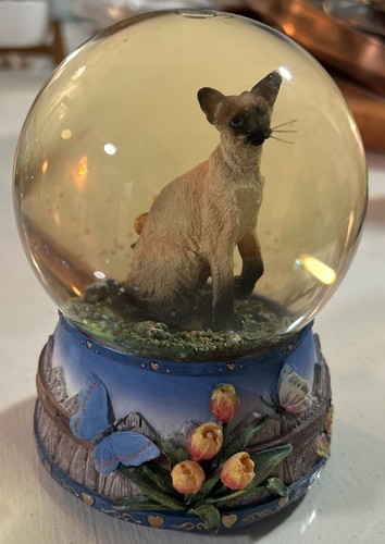 Vintage Siamkatze Schneekugel Schmetterlinge Tulpen Glitzer Musik spielt Erinnerung