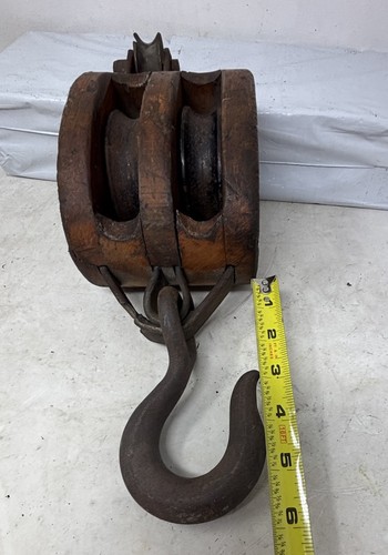 Vintage Double Wood & Iron Block & Tackle Snatch Pulley w/ Hook, Tested See Clip - Picture 3 of 19