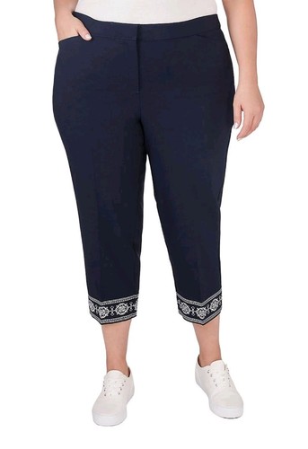 Ruby Rd Women's Sz 20W Embroidered Hem Fly Front Ankle Pants Navy Elastic Waist - Picture 1 of 3