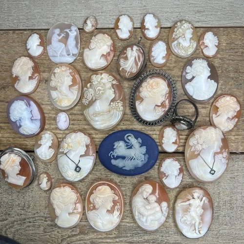 Vintage Cameo Shells, Pins, Pendants, Sterling Silver, Habille, Diamonds, Ring