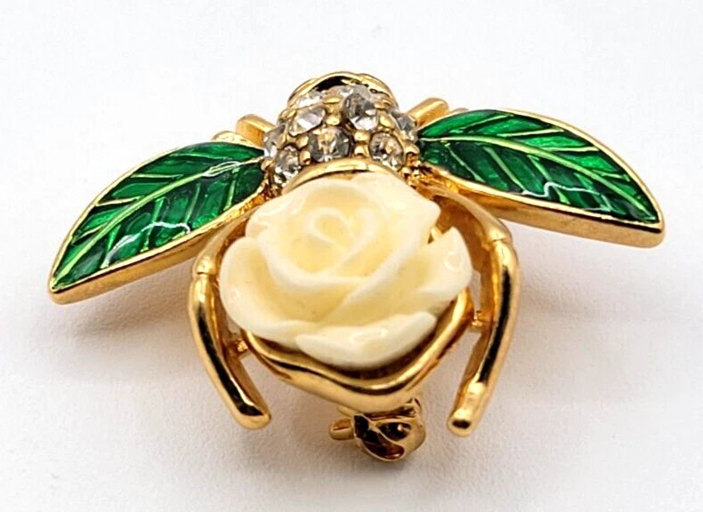 Joan Rivers 白色和绿色珐琅金色栀子蜜蜂别针限量版 — 第 3/4 张图片
