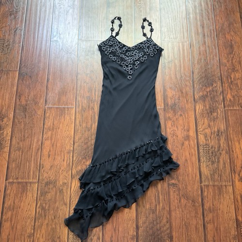VTG Sue Wong 100% Silk Black Floral Appliqué Y2K Asym Hem Homecoming *tiny flaw - Picture 13 of 23