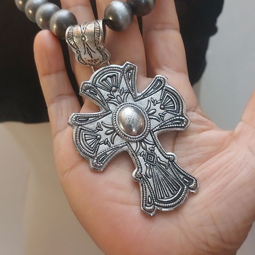 Collana dichiarazione perle tono argento brunito ciondolo croce grande art deco - Foto 3 di 7