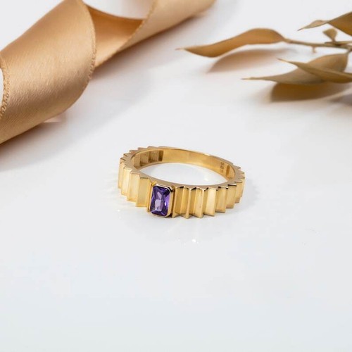 10K Solid Yellow Gold Natural Amethyst Gemstone Chunky Dome Dainty Ring - Picture 5 of 5