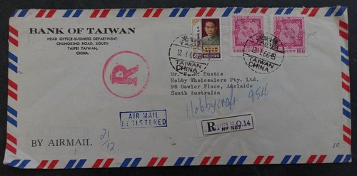 1966 Taiwan Registd Airmail Bank of Taiwan Cover ties 3 stamps to Australia - Picture 1 of 3