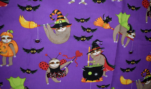 HALLOWEEN SLOTH COSTUME PRINT ON PURPLE 100% COTTON FABRIC 25X43 INCHES - Picture 3 of 3