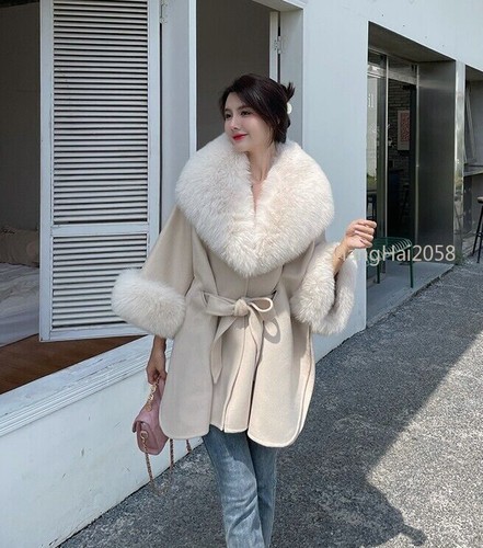 Women Poncho Coat Wool Shawl with Real Fox Fur Collar Trim Cape with Belt - Picture 10 of 12