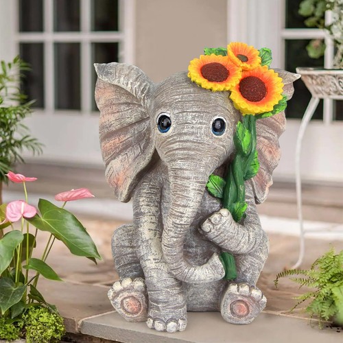 Outdoor Sculpture Figurine Statue Elephant Decorsolar Garden Statues For Patio H - Picture 2 of 7