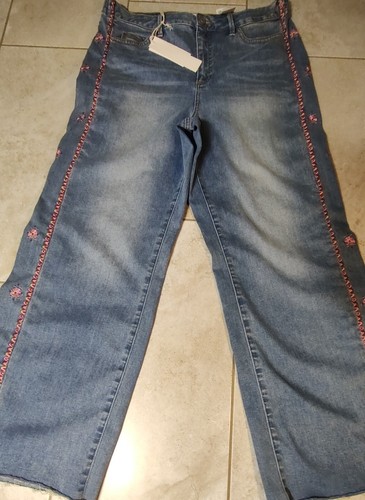 Womens High Rise Wide Leg Baggie Jeans Sz 14 Embroider Boho Retro Tribal Brooke - Picture 2 of 13