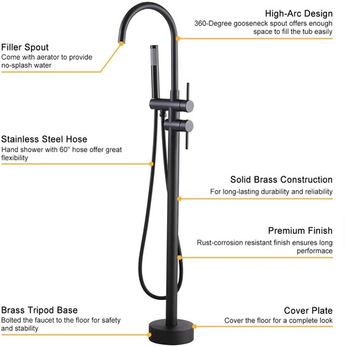 Black Floor Mounted Freestanding Bathtub Tap Shower Faucet bath Tub Filler Mixer - Picture 3 of 9