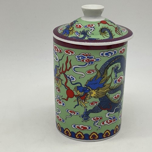 Chinesische Teetasse ohne Sieb wunderschön grün mit Topper und blauem Drachen Design - Bild 3 von 9