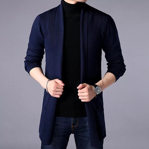 Men's Tops Knit Cardigan Mid-Length Slim Fit Long Sleeve Sweater Knitwear Jacket - Picture 15 of 22