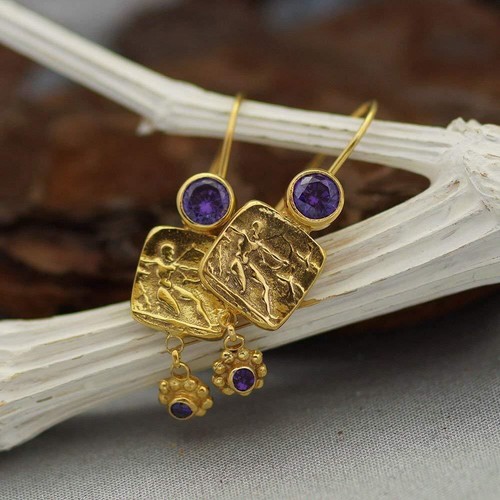Sterling Silver 925k Roman Art Coin Amethyst Earrings 24 k Yellow Gold Plated - Picture 3 of 6