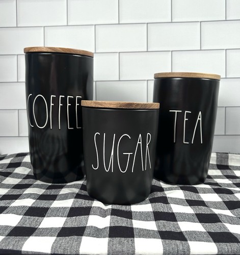 New Rae Dunn COFFEE, TEA & SUGAR Black Cellar Wood Lid Set of 3 Canisters - Bild 2 von 10