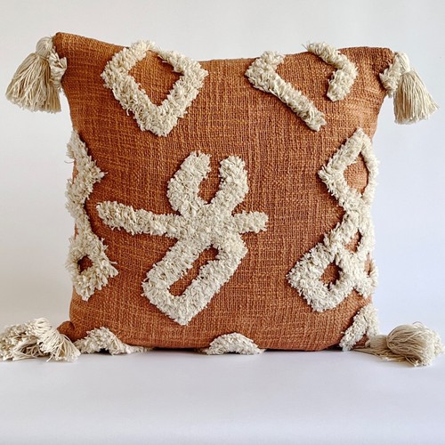 Boho Rust Throw Pillow Cover 18x18 Inch Tufted with Pompom - Picture 2 of 6