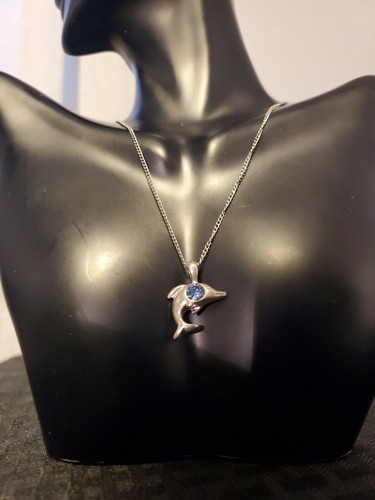 Sterling Silber 925 Halskette mit Delfin Anhänger mit hellblauem Stein - Bild 2 von 5