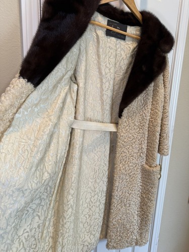 Vintage HARRY BROWN Persian Curly Lamb Coat w/ Mink Collar & Leather Belt ~ S/M - Picture 9 of 19