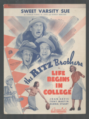 LIFE BEGINS IN COLLEGE 1937 Sweet Varsity Sue RITZ BROTHERS Vintage Sheet Music