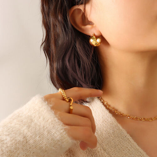 Woman 18K Gold Plated Stainless Steel Glossy Bead Ball C Shape Earring Clip - Picture 3 of 4