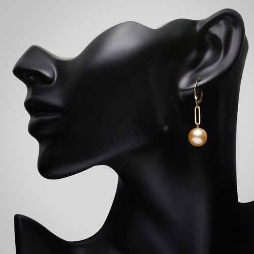 11.5MM+ Round Gold South Sea Pearl Earrings 14K Solid Yellow Gold Leverback,1.5" - Picture 4 of 6