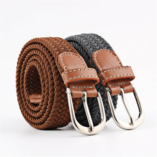 Mens Ladies Elastic Webbing Weave Belt Leather Trim Canvas Jeans Stretch Braided - Picture 2 of 68