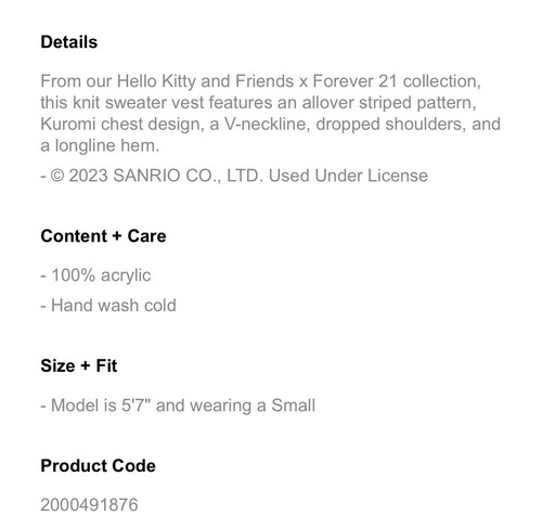 NUEVO CON ETIQUETAS Forever 21 Hello Kitty Kuromi Suéter a Rayas Grueso Sin Mangas Tejido Mujeres 1X - Imagen 6 de 7