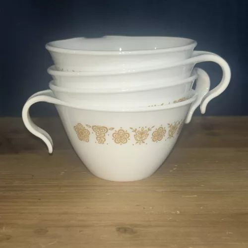 Corelle Corning Ware Butterfly Gold Hook Handle Cups Mugs Set of 4 Milk Glass