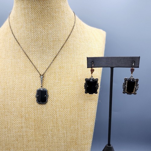 Orecchini a leva Art Deco argento sterling onice marcasite lavalier collana - Foto 3 di 12