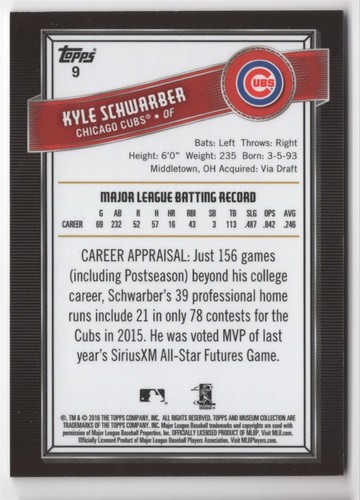 2016 Topps Museum Collection Blue Kyle Schwarber 13/99 Chicago Cubs #9 - Picture 2 of 2