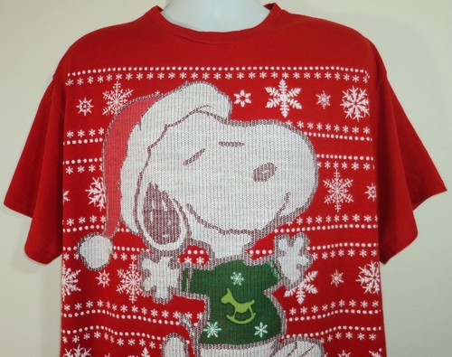 Peanuts Mens XL Snoopy Joe Cool Santa Claus T Shirt Red White Green Snowflakes - Picture 3 of 6