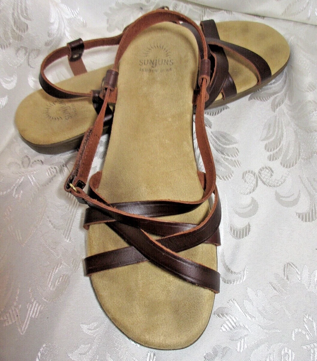 G.H. Bass Co Sunjuns Womens Strappy Flat Sandals DARK-BROWN Leather HOOK-LOOP 10