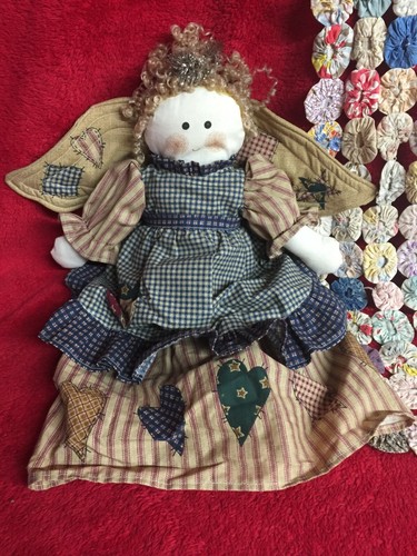 Vintage Country Angel Puppe gekleidet in blau Gingham hellbraun Streifen Patchwork Designs - Bild 4 von 6