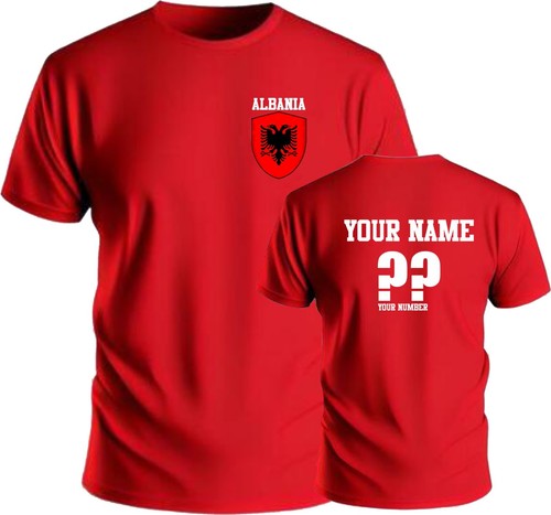 Personalise Albania Football T-Shirt Soccer Fans Sports Costume Flag Badge Top - Picture 1 of 2