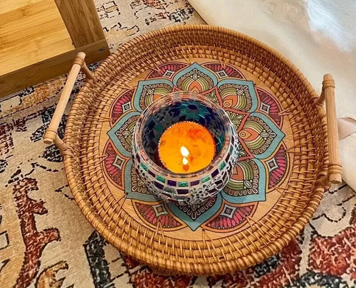 Mandala Handmade Sustainable Wicker Double Handwoven Multi Coloured Rattan Tray - Picture 2 of 2