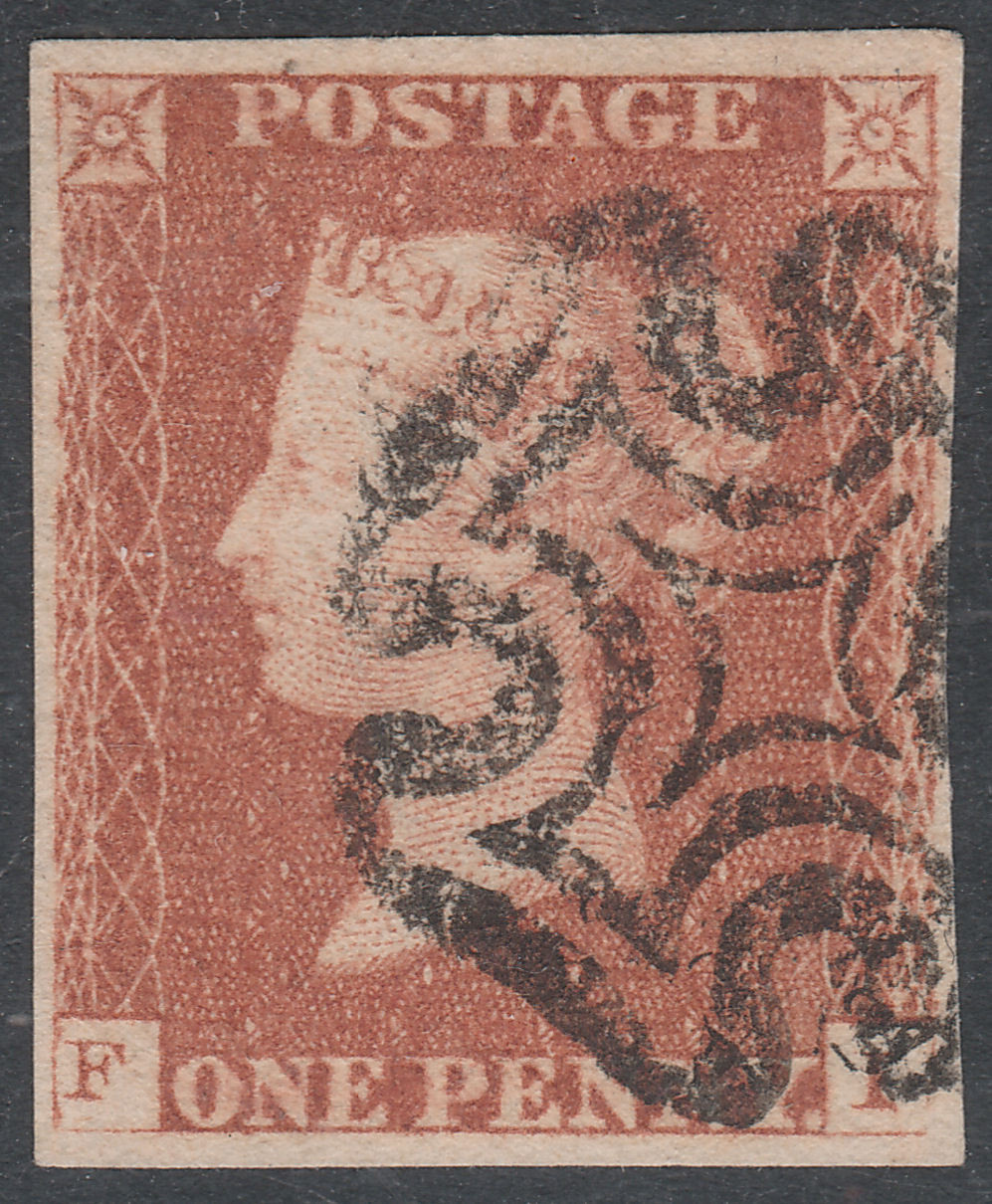 1841 SG8 BS10 1d PLACA ROJA MARRÓN 21 MUY FINA USADA 4 MÁRGENES CRUZ MALTESA (FI)