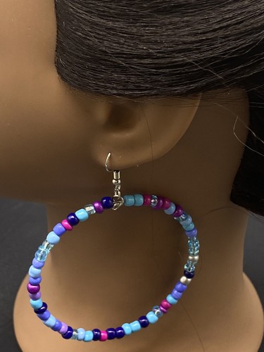 Handmade Crazy Mix Hoop Bead Earrings Blue Multicolor 2.5" - Picture 11 of 12