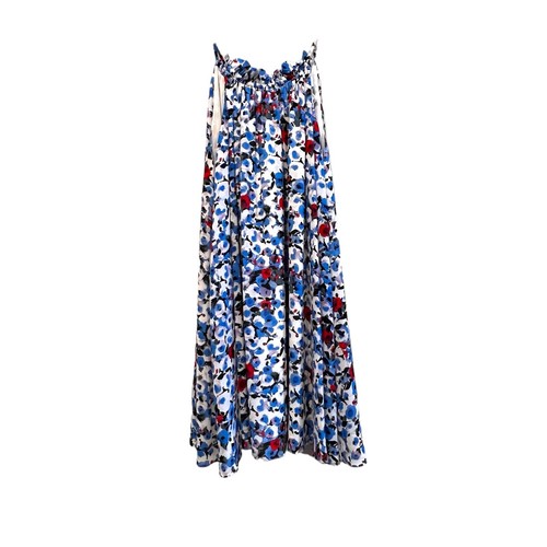 Belle badgley mischka dress Women's Size 8 Blue White Red Ruffle Tie Neck Lined - Picture 2 of 12