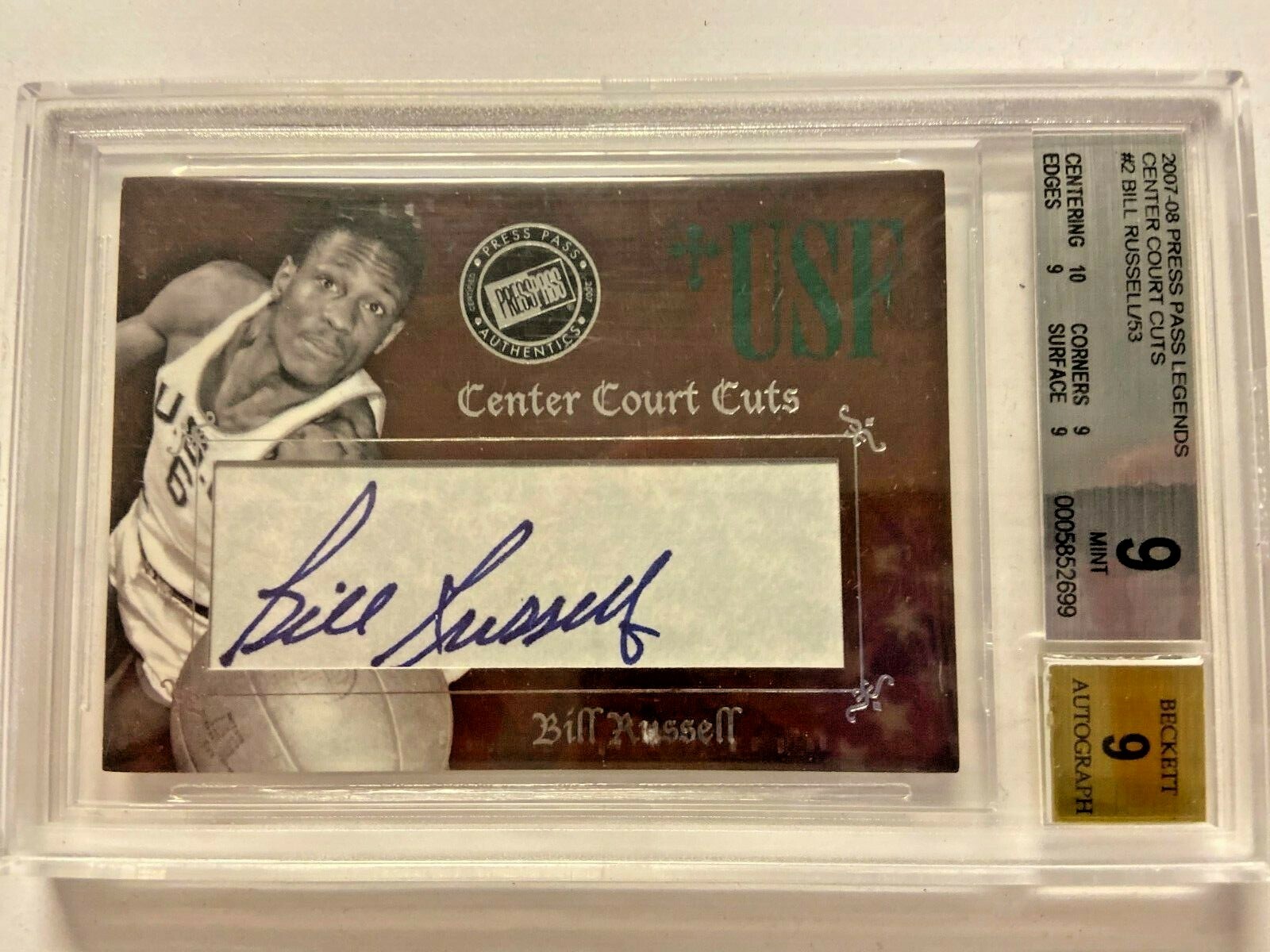 Bill Russell Autographed Signed Boston Celtics 2007 PRESS PASS LEGENDS CUT AUTO CARD BGS Beckett 9 /85 