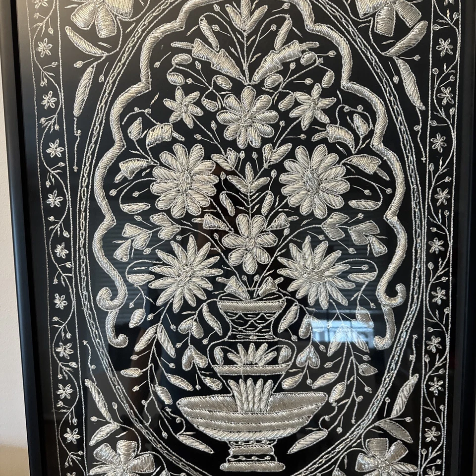 Fuente de plata real con flor hecha a mano Cachemira Zari ¡Impresionante! 21”X31” Foto 2 de 4