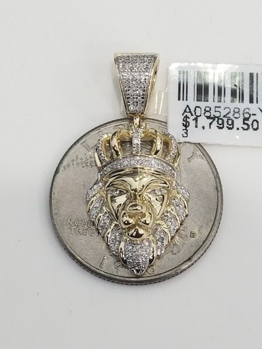 Sale 10K Yellow Gold Natural Diamond Lion Face King Crown Jungle Charm Pendant - Picture 10 of 11
