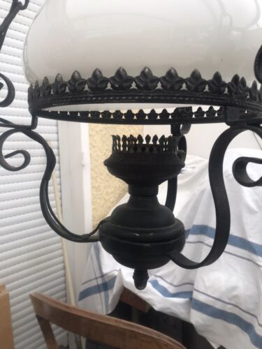 Lámpara de aceite francesa luz candelabro eléctrico hierro vidrio opalino techo colgante - Imagen 7 de 10
