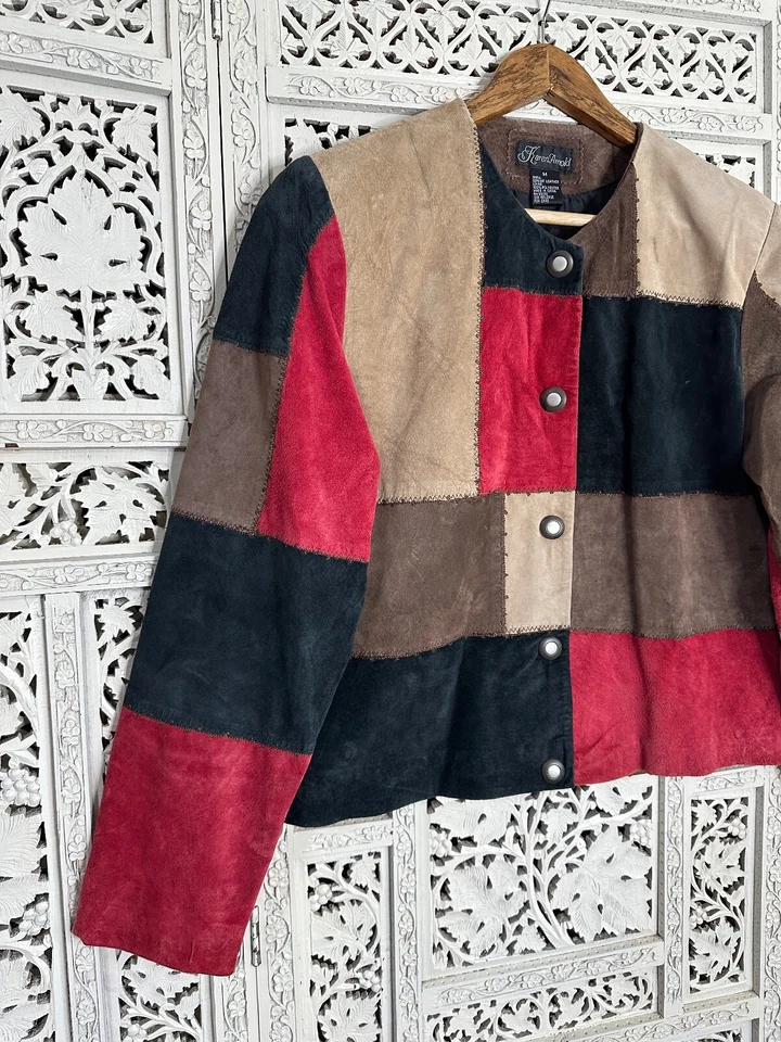 Chaqueta de Cuero Gamuza Retazos Artísticos Terrosos Neutros De Colección Talla Mediana Foto 2 de 4