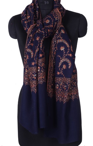 SOZNI HAND EMROIDERY SHAWL 100% CASHMERE NAVY BLUE MADE IN KASHMIR PASHMINA WRAP - Picture 6 of 7