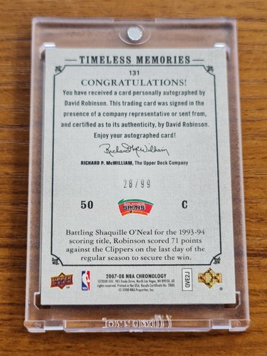 2007/08 UPPER DECK CHRONOLOGY DAVID ROBINSON AUTO TIMELESS MEMORIES /99 RARE - Picture 2 of 9