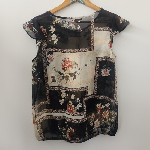 black sheer floral patchwork print blouse size 12 primark cap sleeve - Picture 2 of 2