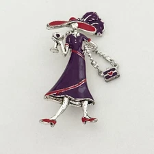 Vintage Purple Red Enamel Hat Purse Society Lady Woman Silver Tone Brooch Pin