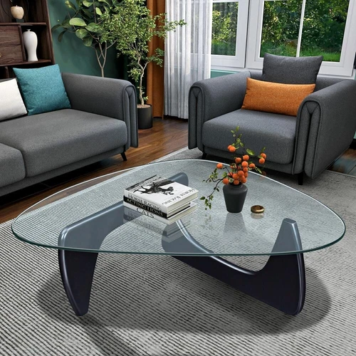 Coffee table Triangle Glass Solid Wood Base Black