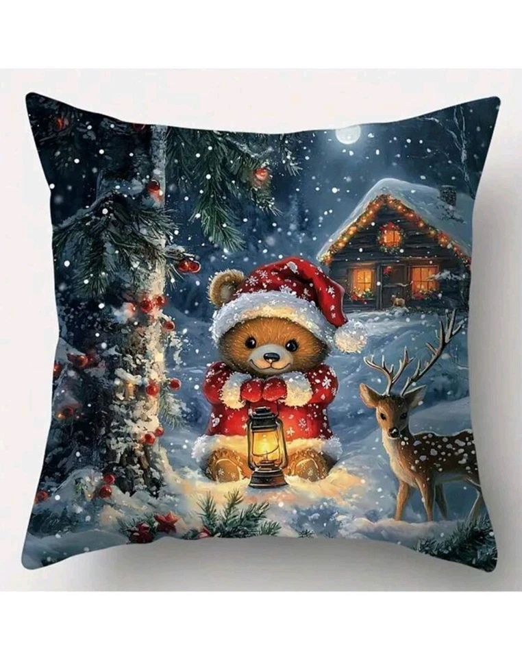 Set Of 4 Adorable Deer Santa And Friends Christmas Throw Pillow Covers - Image 3 of 4