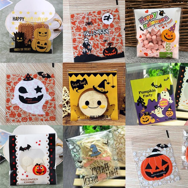 100Pcs Plastic Halloween Cellophane Cookie Candy Bags Party Gift Packaging